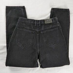 VTG Lee Black Denim High Rise Tapered Leg Leather Logo Patch 90s Mom Jeans